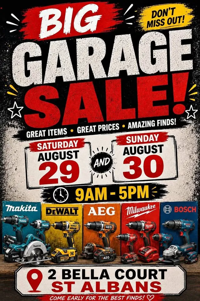 Garage sale with power tools, generators, high pressure washers and compressors