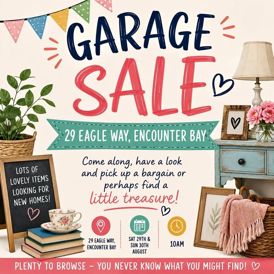 Garage sale in Encounter Bay SA: wheelchair, clothes, books and jewellery