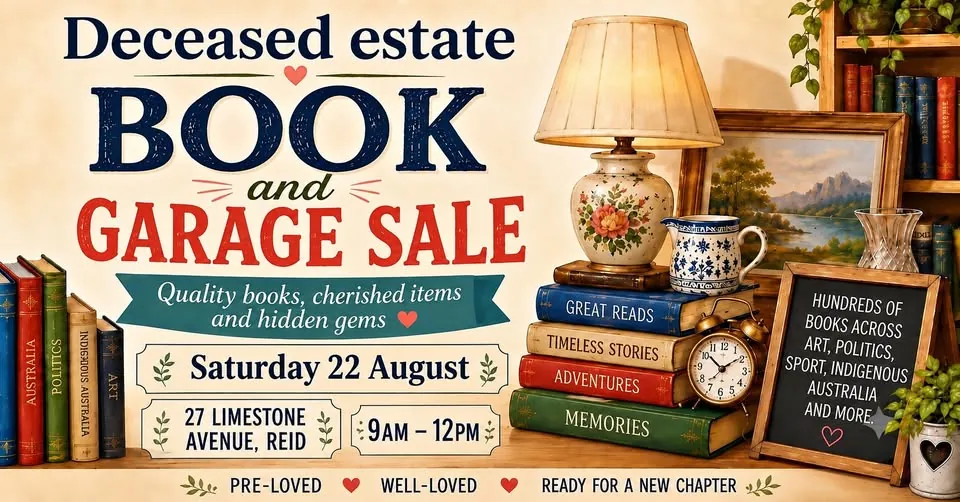 Deceased estate sale in Reid NSW with books, kitchenware and collectables