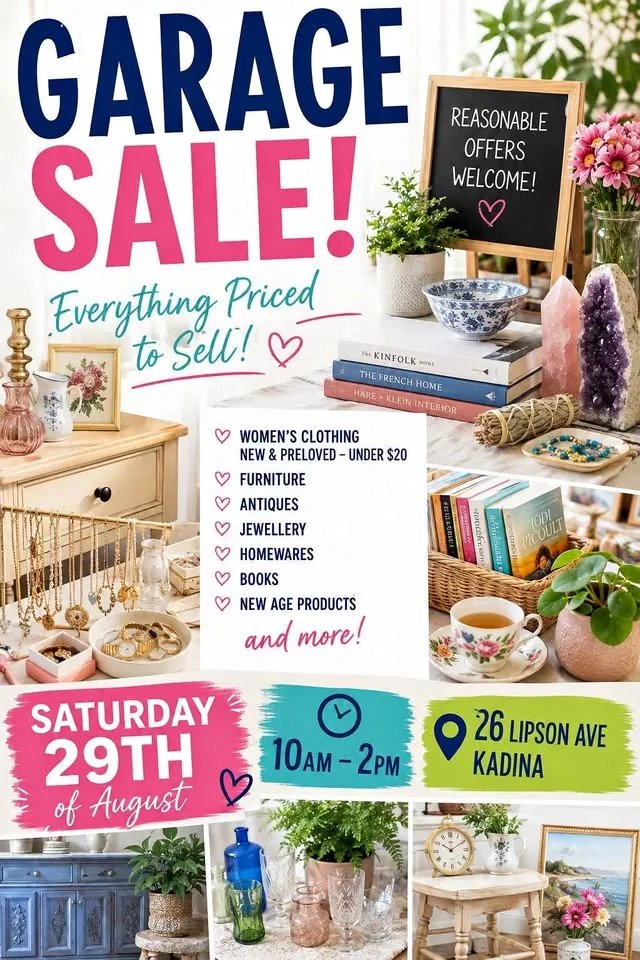 Garage sale in Kadina SA: clothing, furniture, antiques and homewares