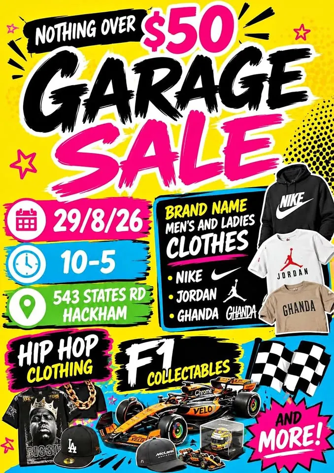 Garage sale in Hackham SA: men's and ladies' clothing and F1 collectables