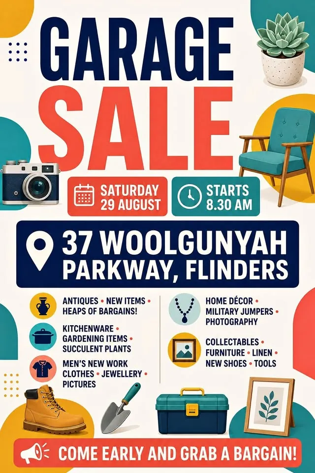 Garage sale in Sydney NSW: men's work clothes, tools, kitchenware and antiques