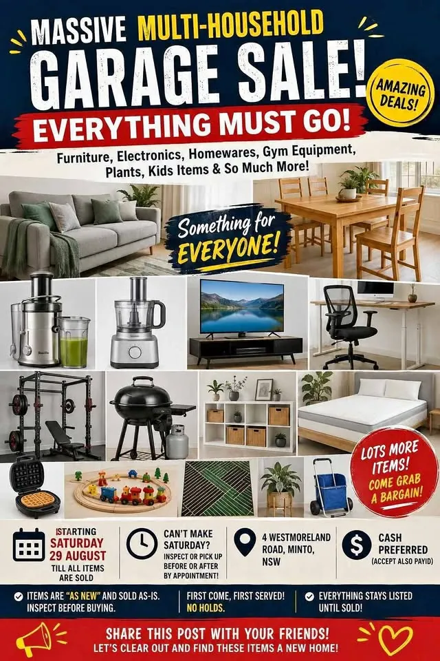 Moving sale in Minto NSW: dining table, juicer, gym weights and BBQ