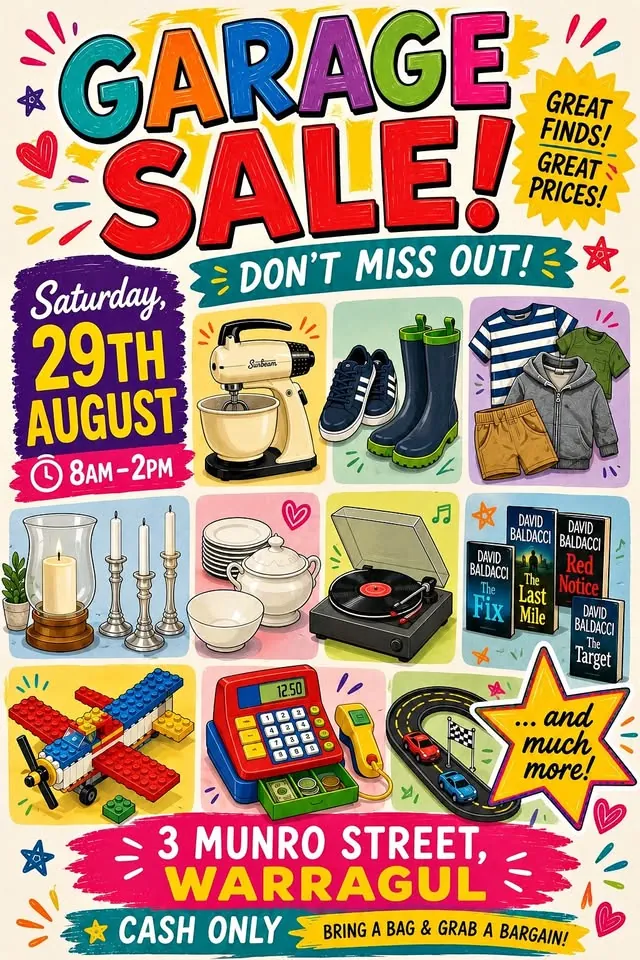 Garage sale in Warragul VIC: boys clothes, homewares and novels