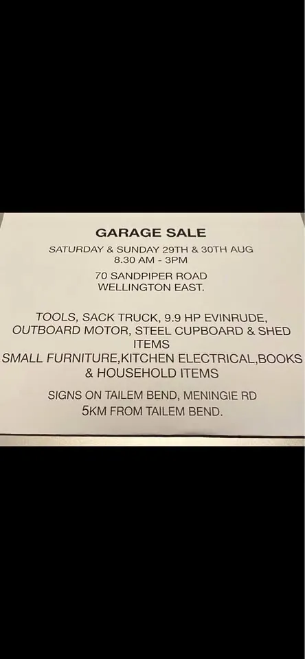 Garage sale in Mount Barker SA: household items, small furniture and tools