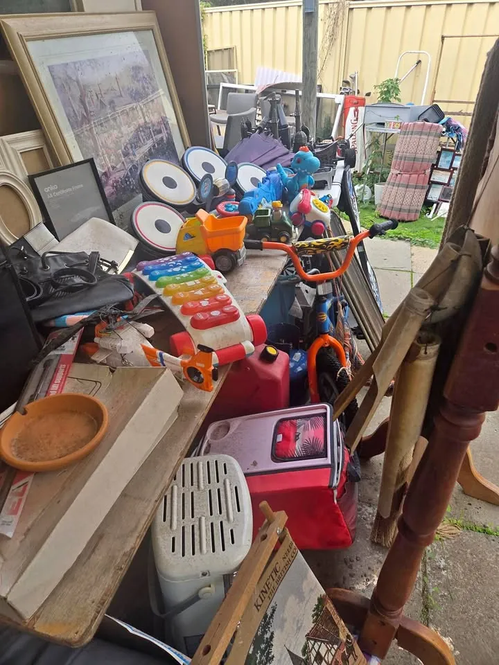 Garage sale in San Remo WA: antique chairs, furniture and bikes