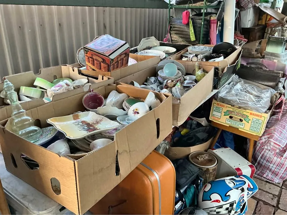 Garage sale in Talbot VIC: vintage fabric, coloured glass and vintage China