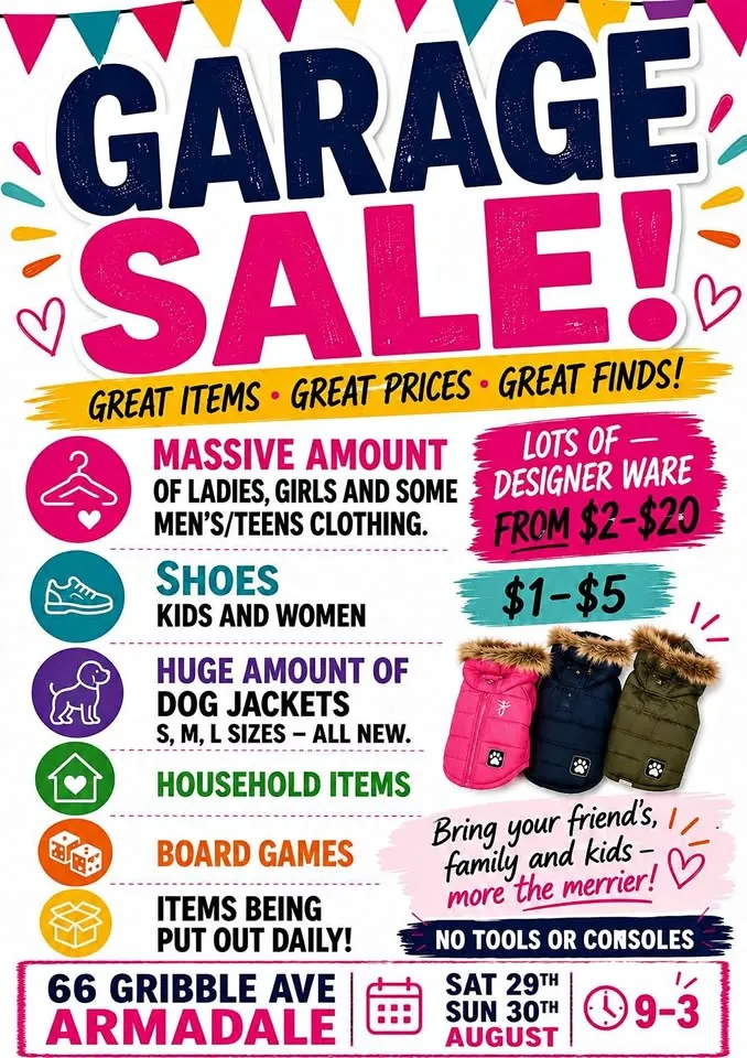 Garage sale in Armadale WA: ladies, kids and men's clothing, shoes and household items