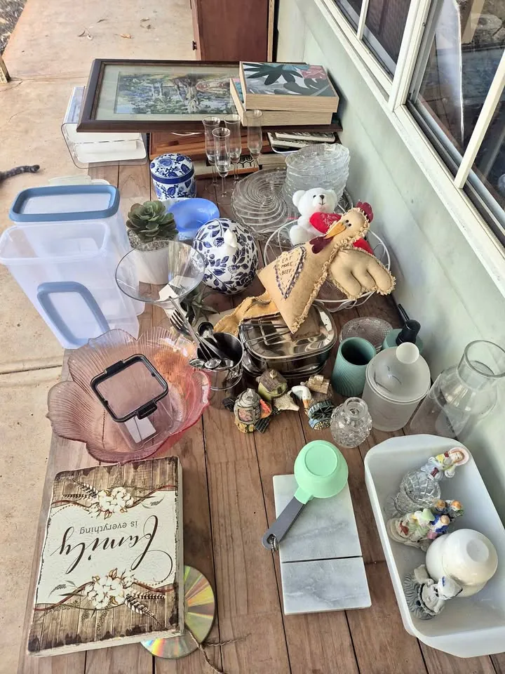Garage sale in Highland Plains QLD with vintage collectibles, glassware, tools and toys