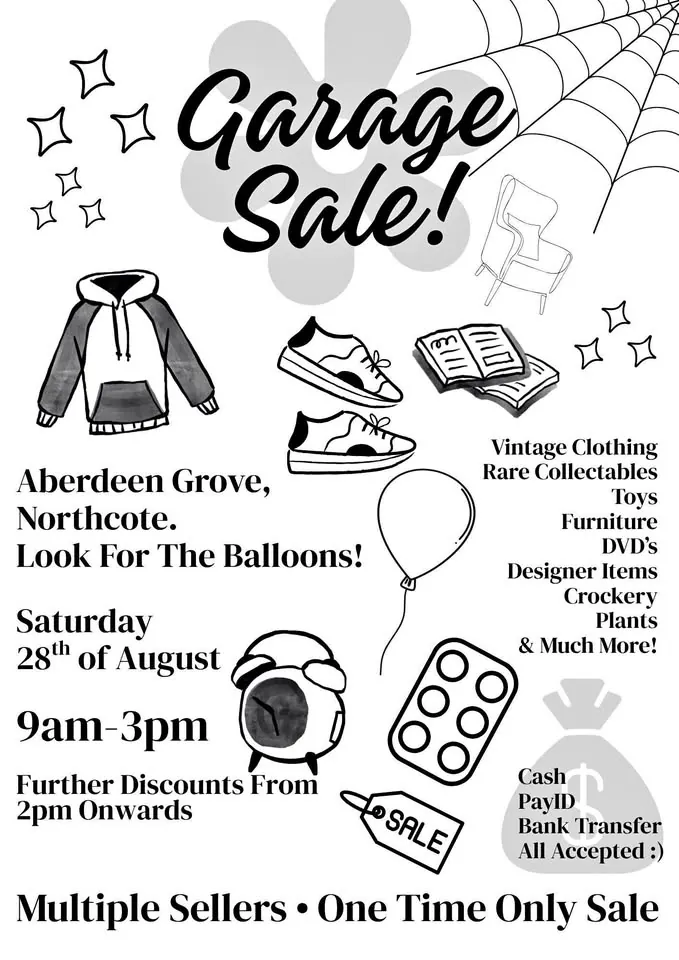 Moving garage sale in Northcote VIC: vintage clothing, designer bags, collectables and toys.