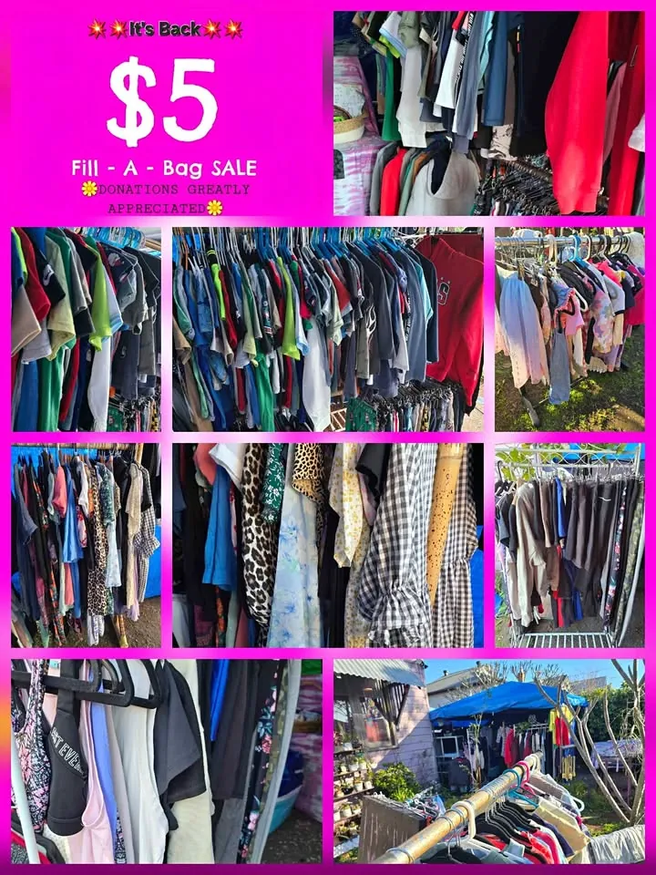 Yard sale in East Maitland NSW: racks of clothing, fill a bag for $5