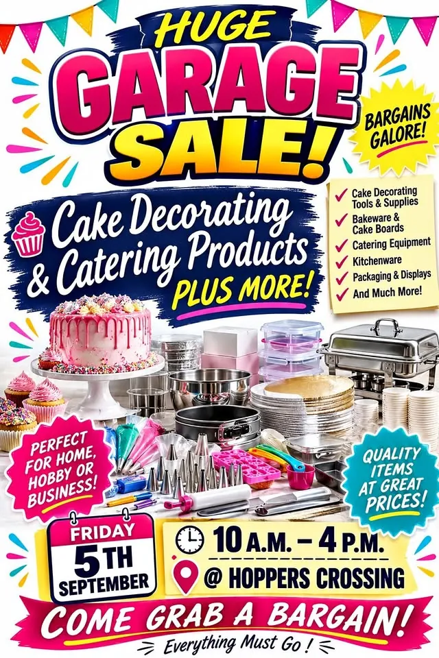 Garage sale in Hoppers Crossing VIC with cake decorating and catering products.