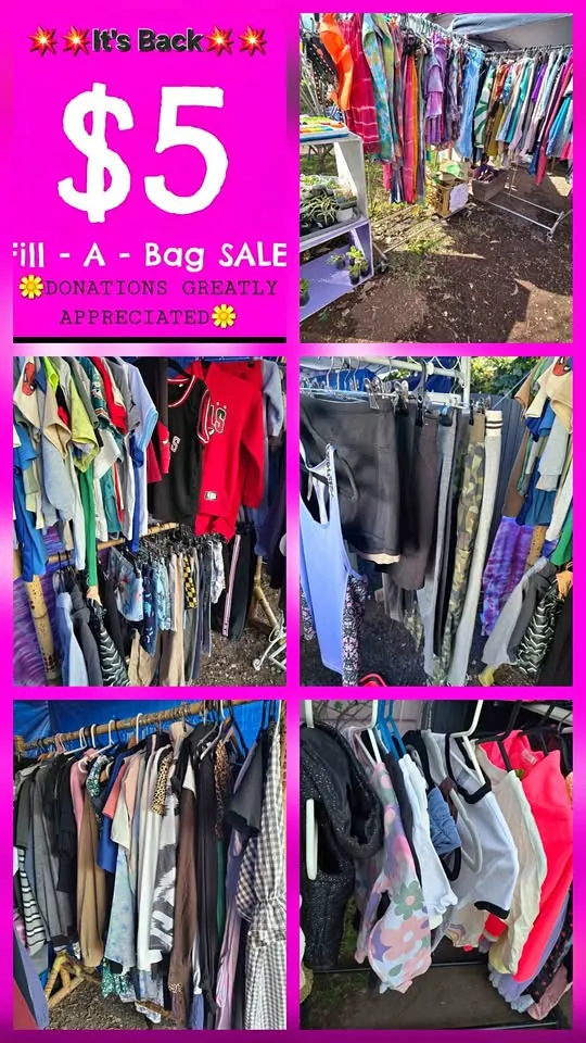 Garage sale in East Maitland NSW: racks of assorted clothing, jewellery and tools